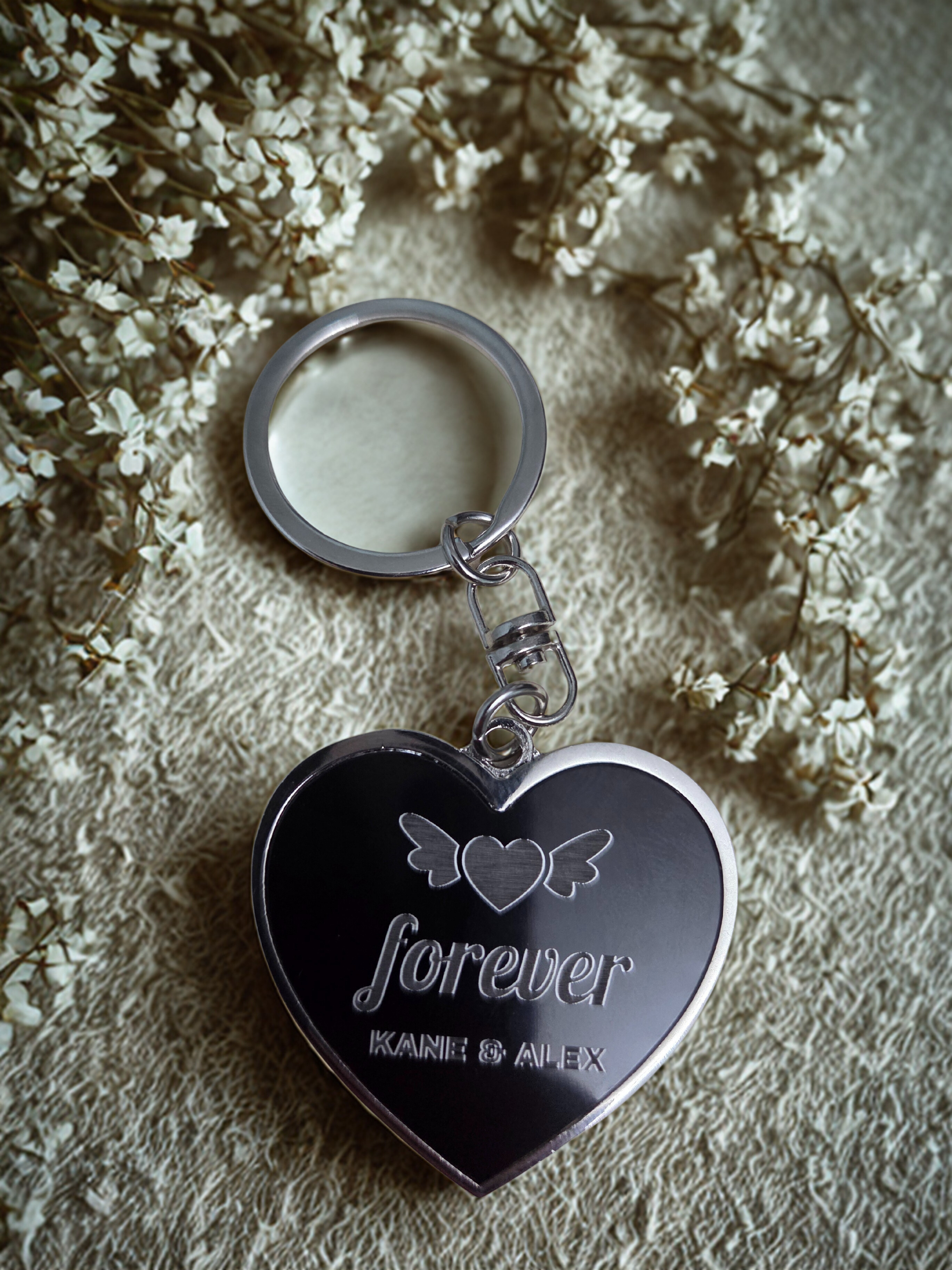 Personalised laser engraved metal heart keyring